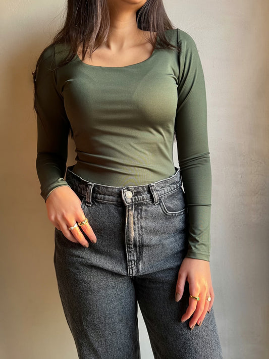 Olive Green Squared Long Sleeves Top