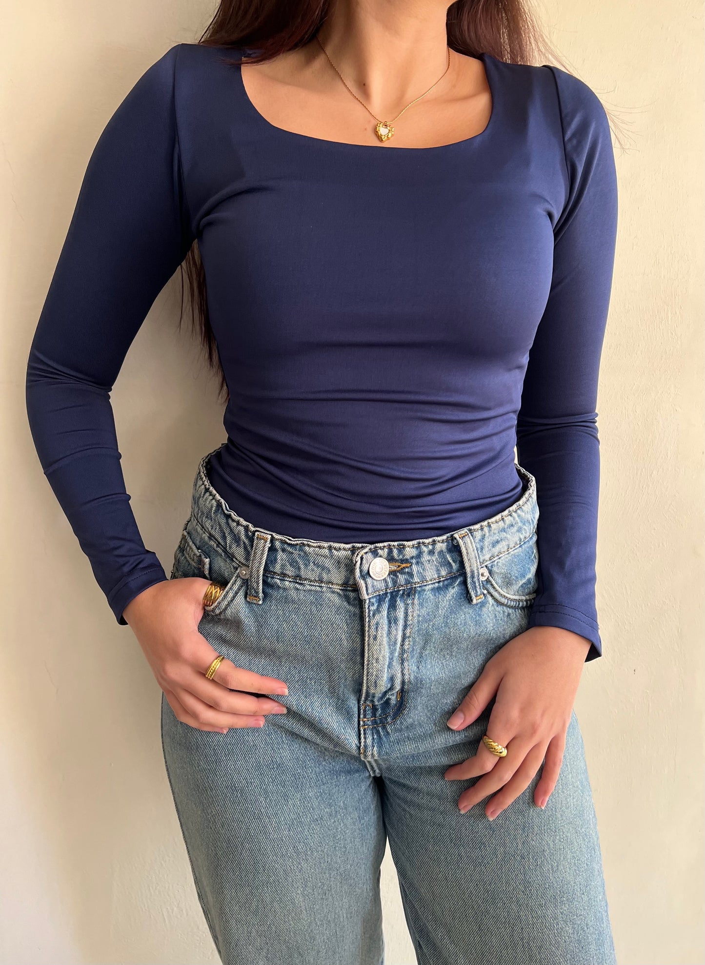 Navy Squared Long Sleeves Top