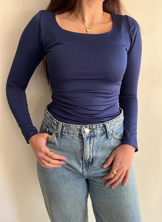 Navy Squared Long Sleeves Top